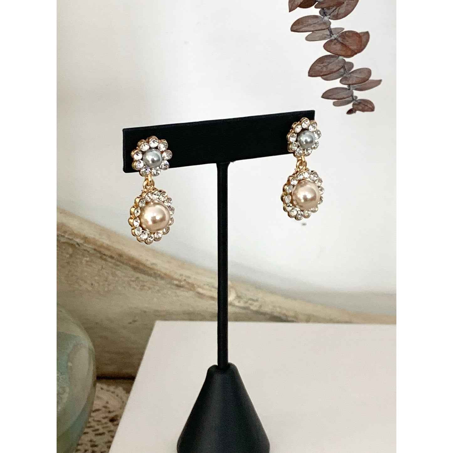 Statement Faux Pearl & Rhinestone Halo Post Back Drop Earrings Romantic Feminine
