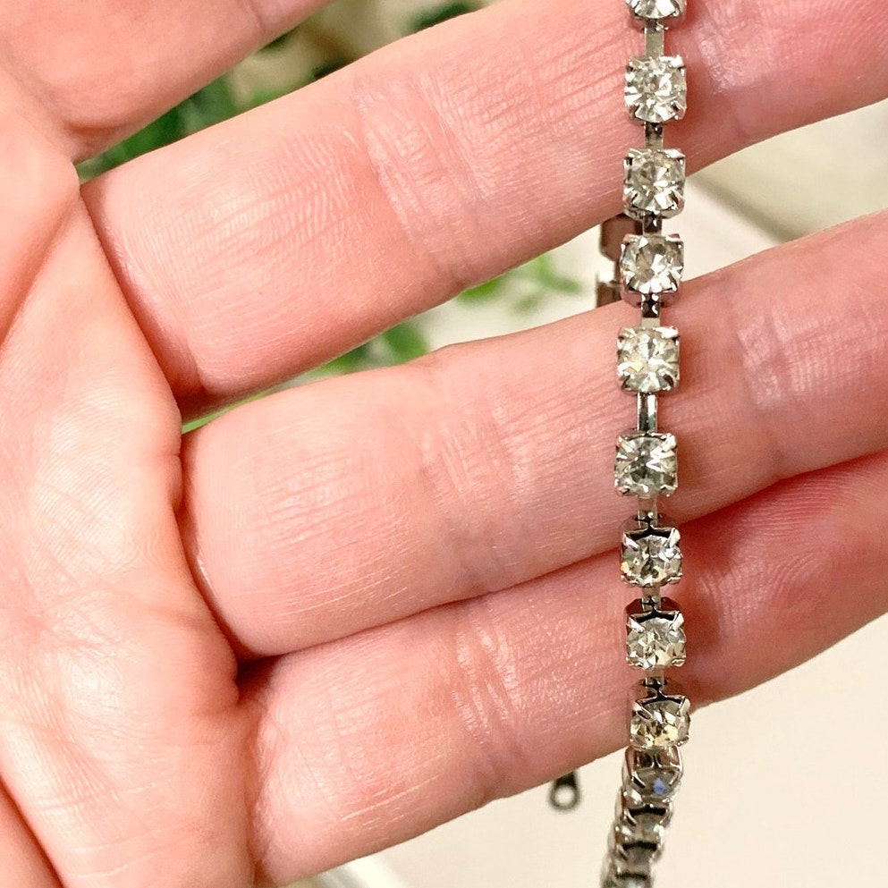 Vintage Rhinestone Tennis Bracelet Clear Crystal Silver Tone Classic Statement