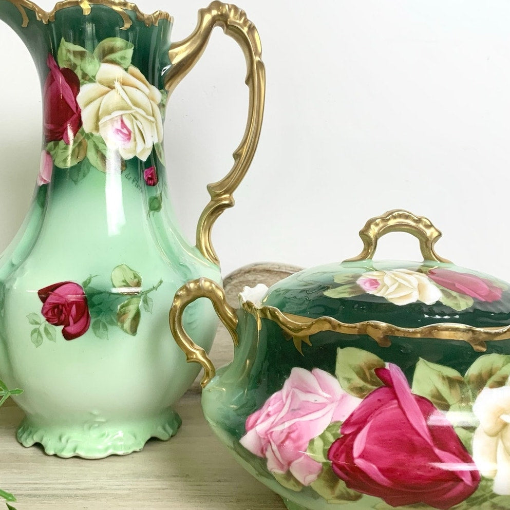 Antique Royal Munich Bavarian Hand Painted Rose Pitcher Ewer Covered Tureen Set