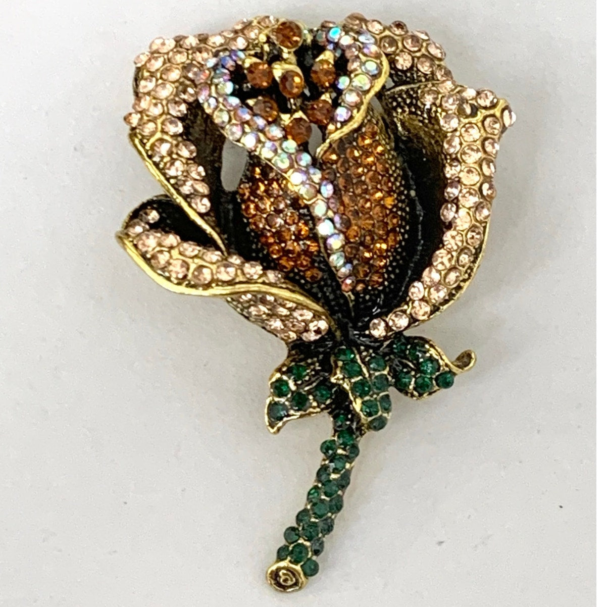 Rhinestone Rose Brooch and Pendant Gold Tone Flower Pin Statement Jewelry