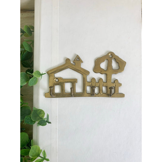 Vintage Brass Key Holder House Tree Fence Wall Hooks Cottagecore Farmhouse