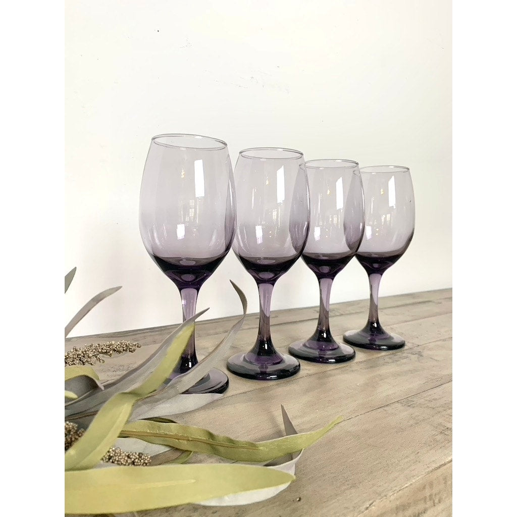 Vintage Amethyst Purple Wine Glasses Set of 4 Mid Century Stemware Bar Feminine