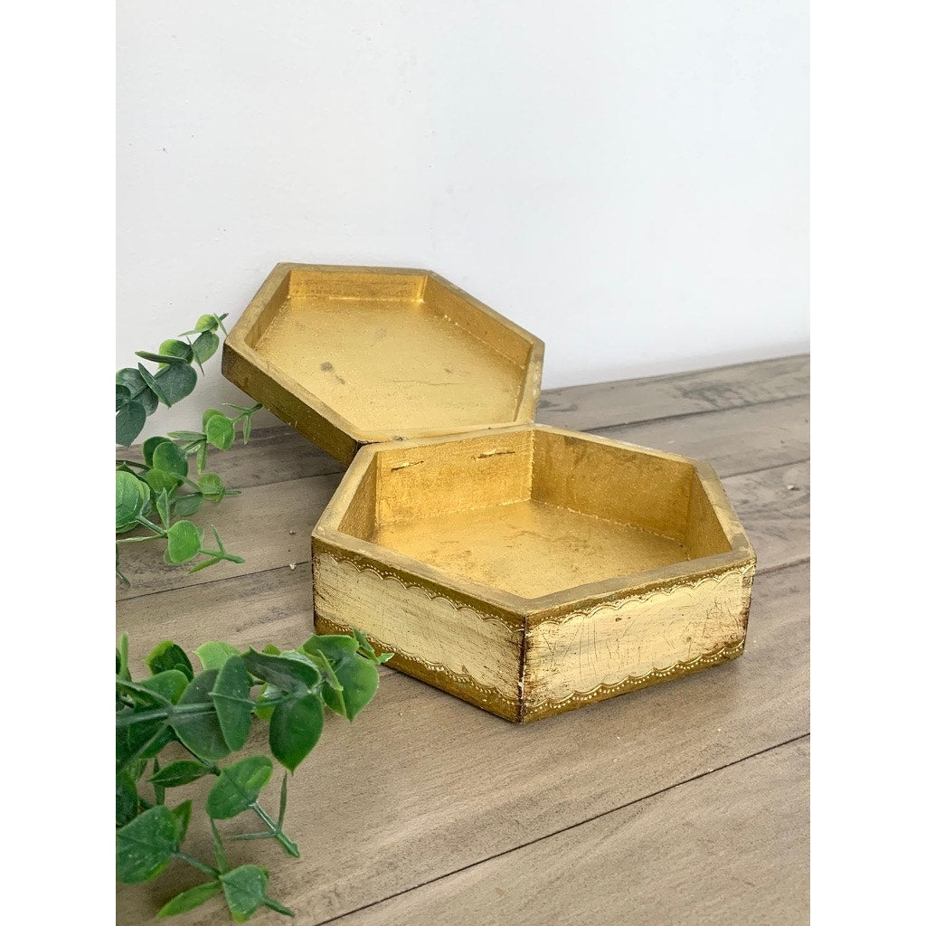 Vintage Florentine Gold Giltwood Box Made in Italy Hexagon Trinket Box Old World Regency