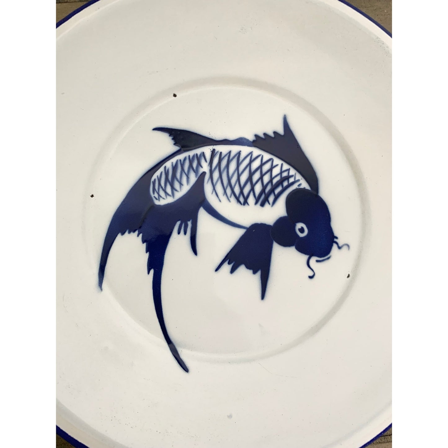 Vintage Butterfly Brand Enamelware Plate Blue Koi Fish Farmhouse Chinoiserie