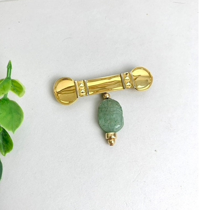 Vintage Gold Tone Bar Brooch with Green Stone Dangle Jade Style Drop Pin