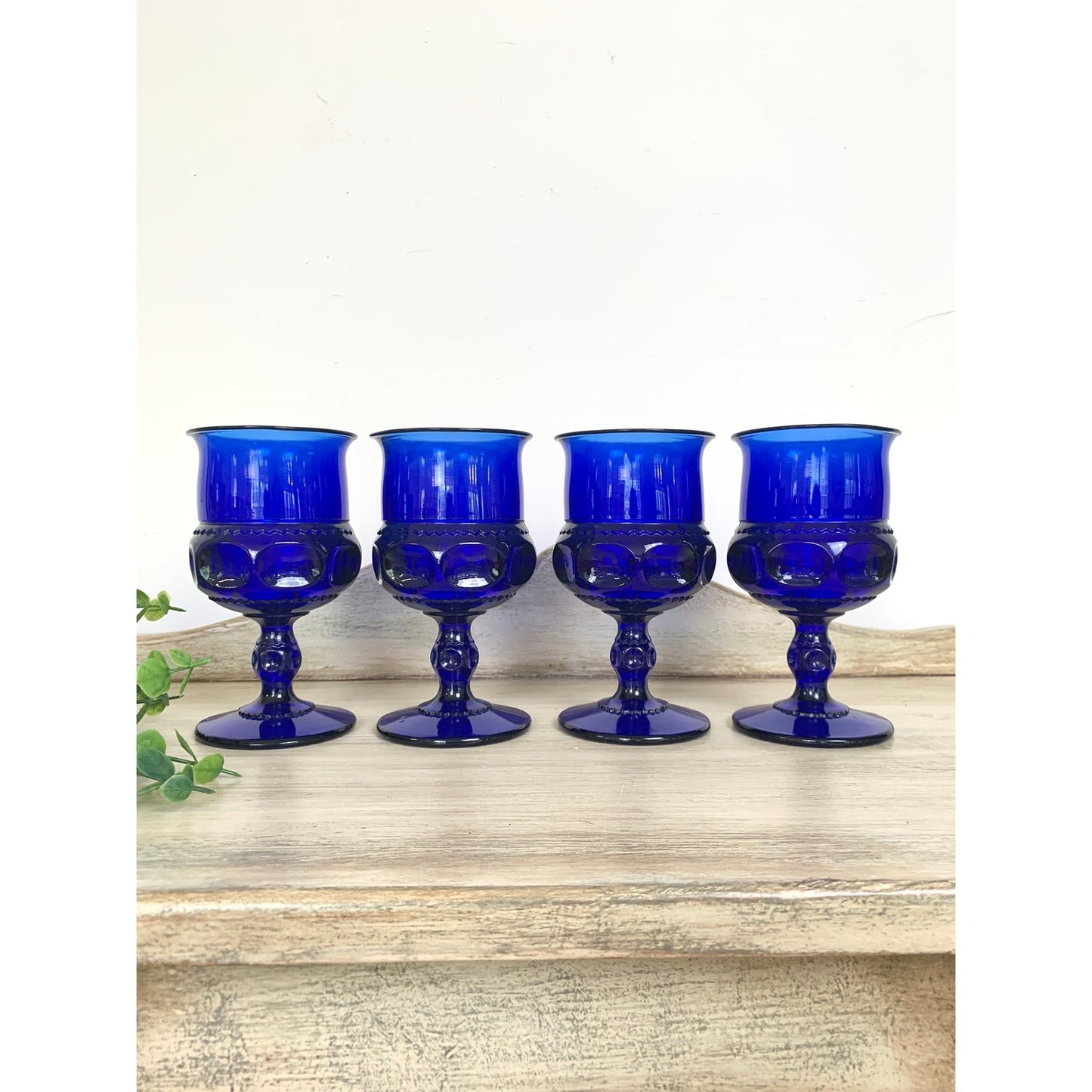 Vintage Indiana Glass Kings Crown Cobalt Blue Goblets Set of 4 Wine Glasses Mid Century