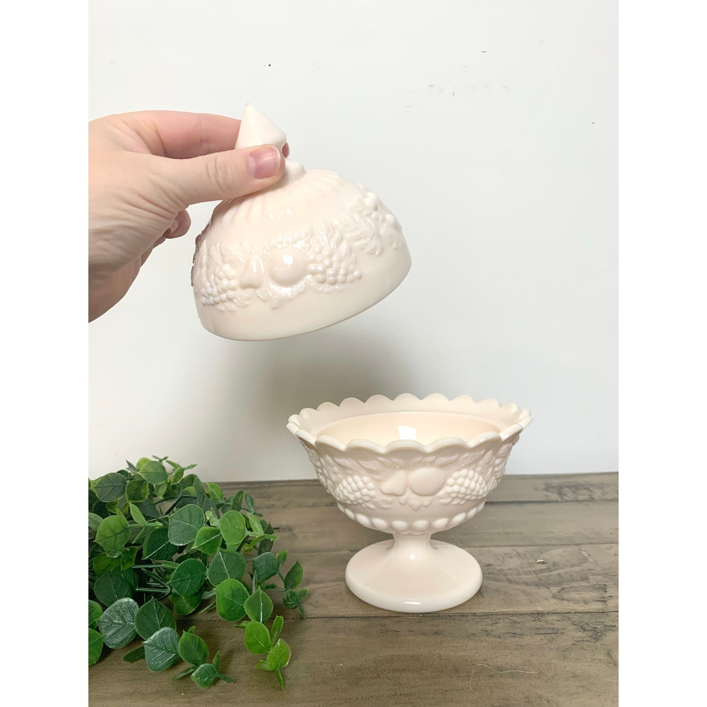 Vintage Westmorland Pink Milk Glass Covered Compote Fruit Motif Pedestal Dish Feminine Romantic Retro Shabby Cottage MCM