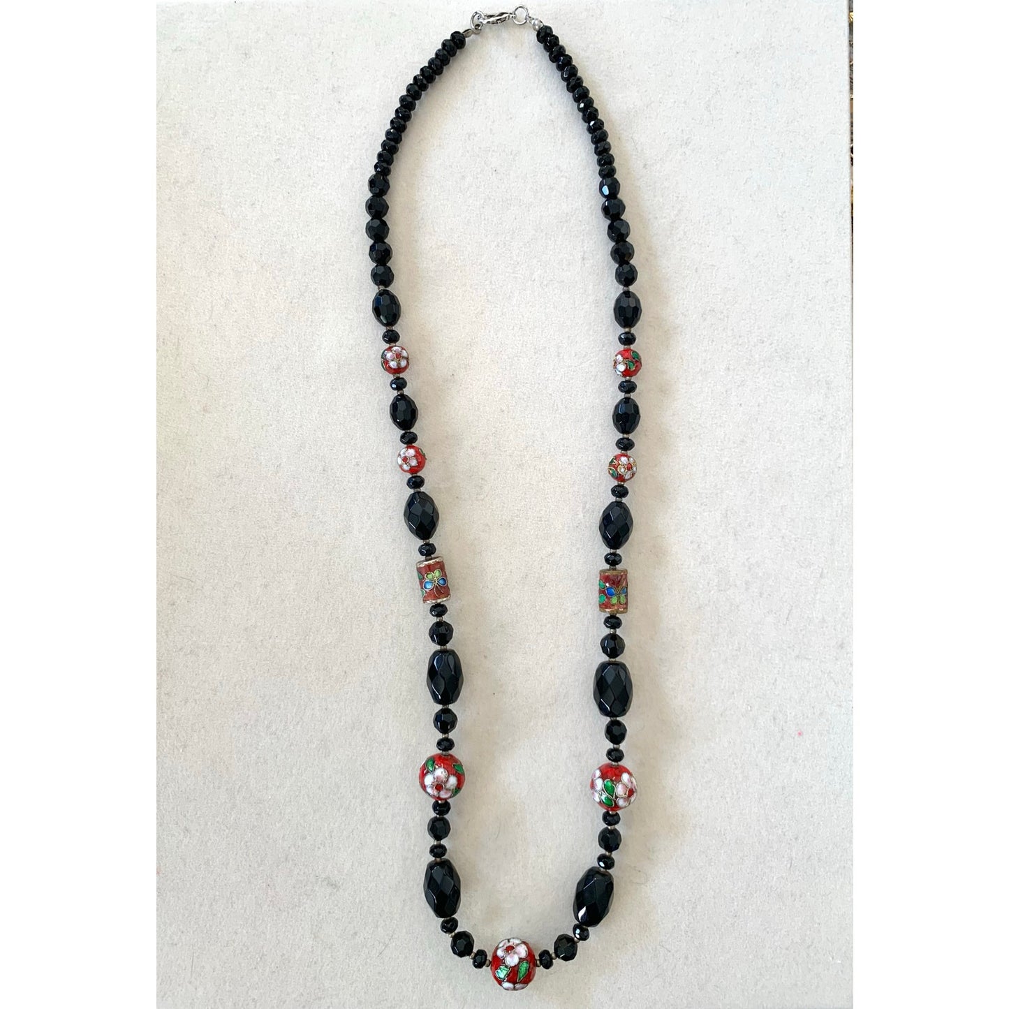 Vintage Cloisonne Beaded Necklace Black Faceted Glass Floral Red Enamel Statement