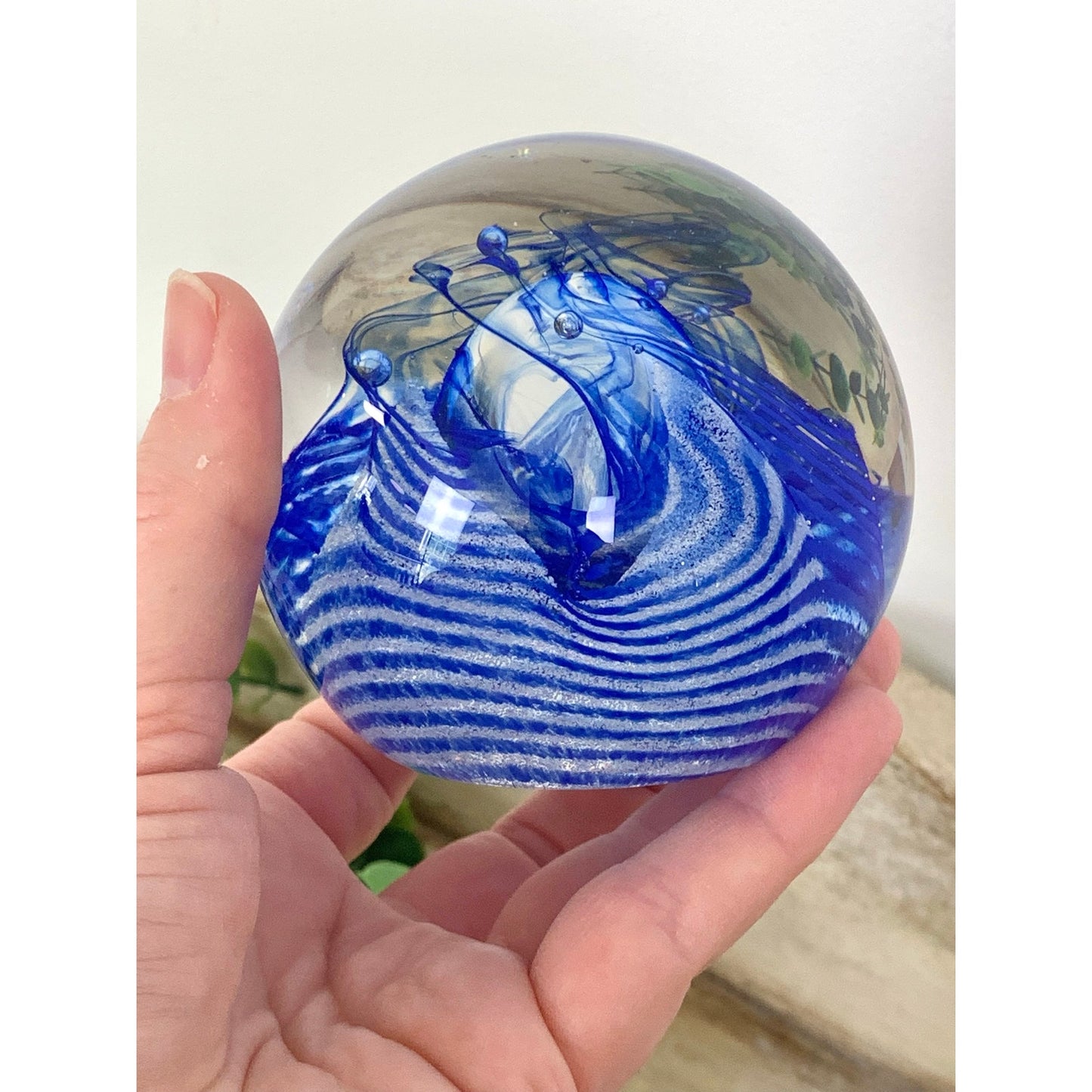 Vintage Caithness Blue Swirl Glass Paperweight Signed Scottish Art Glass Mid Century Style