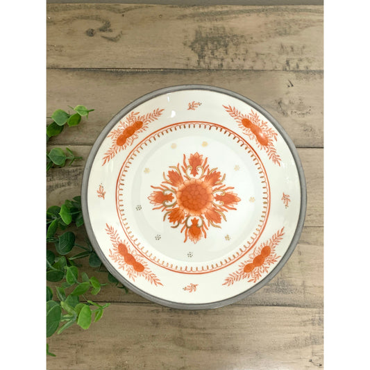 Vintage Chinoiserie Bowl with Pewter Rim Orange White Floral Porcelain Catchall