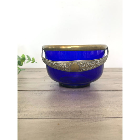 Vintage Cobalt Blue Glass Sugar Bowl with Ornate Brass Handle Old Worl Cottagecore