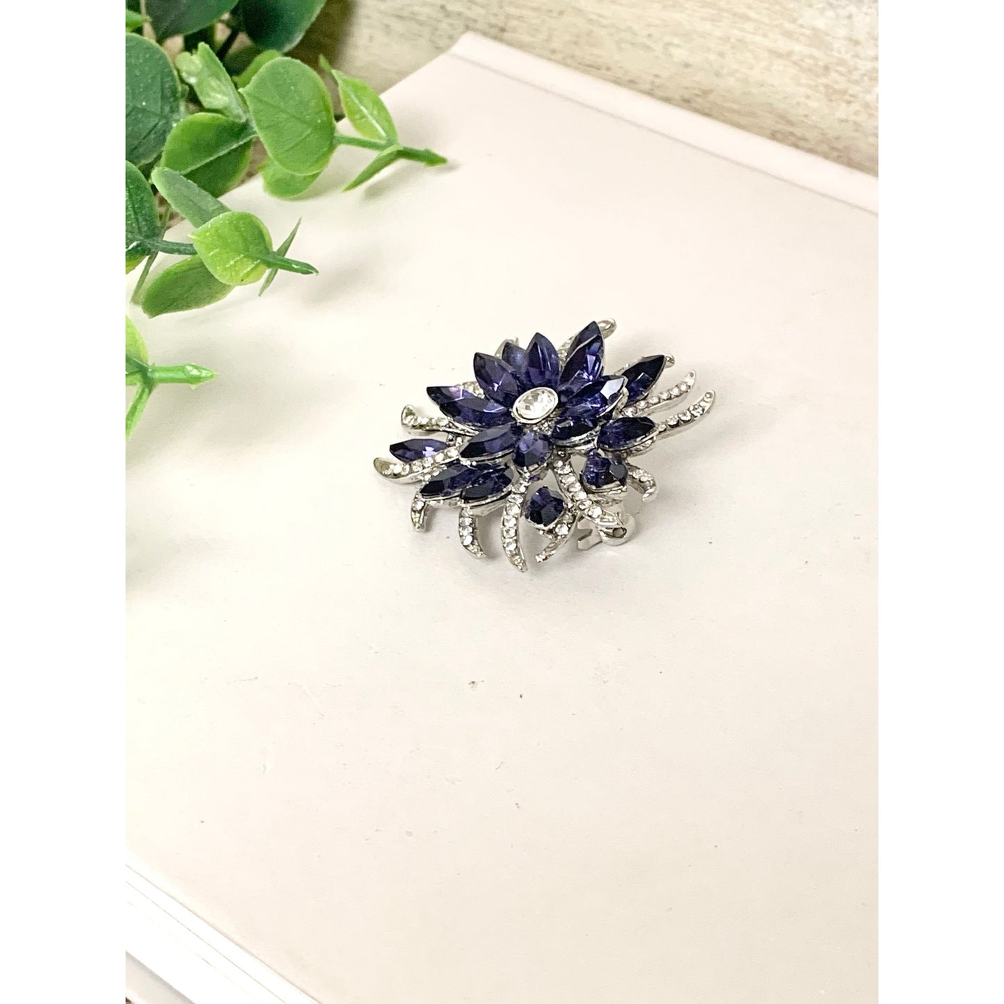 Vintage Blue Violet Rhinestone Flower Brooch Silvertone Statement Pin Mid Century Glam