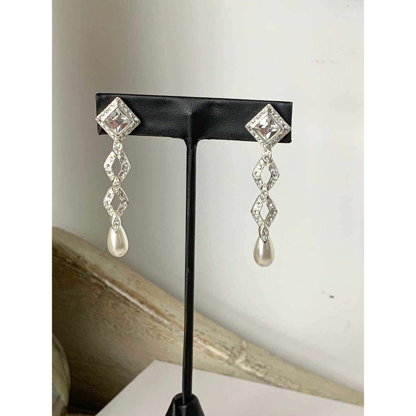 Vintage Silvertone Rhinestone Faux Pearl Drop Earrings Geometric Bridal Dangle
