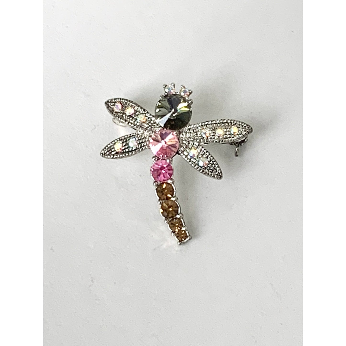 Vintage Rhinestone Dragonfly Brooch Pink Crystal Insect Pin Statement Jewelry