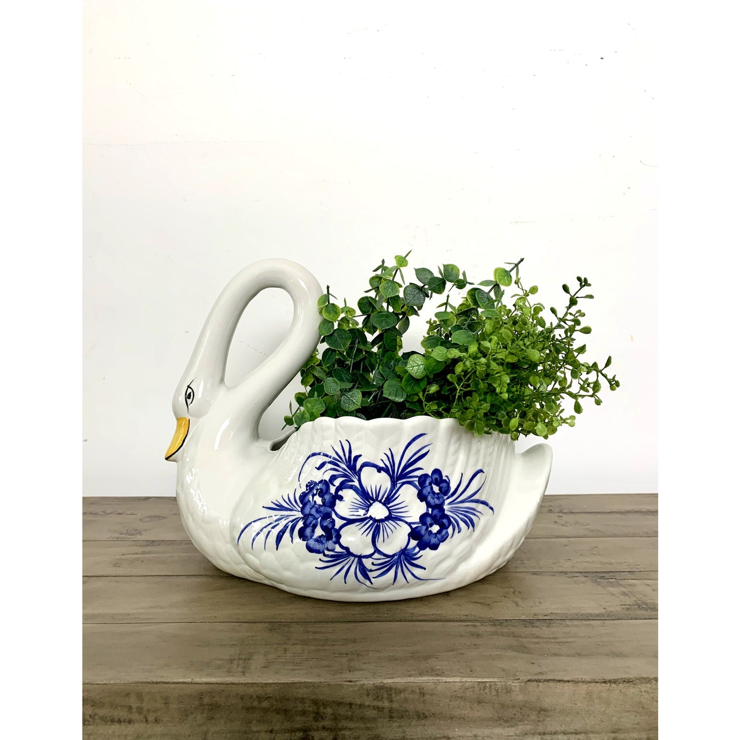 Vintage Portuguese Hand-Painted Ceramic Large Swan Planter Blue & White Cottage