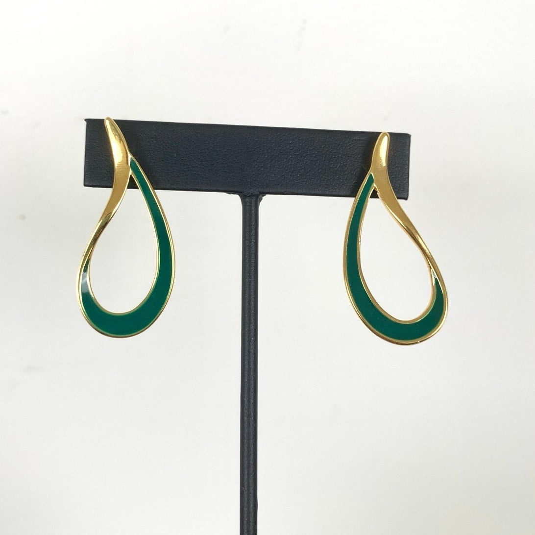 Vintage Green Enamel Goldtone Teardrop Post Back Earrings Retro Statement 80s