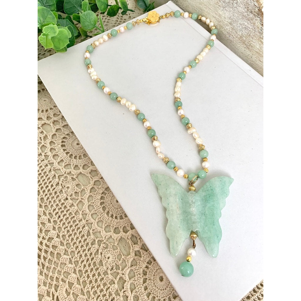 Vintage Jade Butterfly Pendant Necklace Pearl Beaded Green Stone Statement