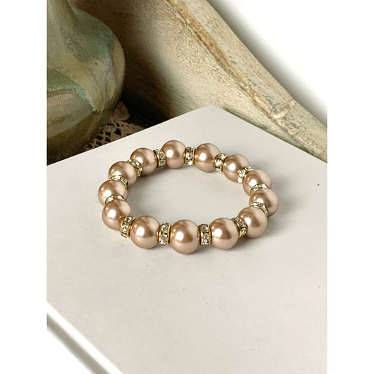 Blush Faux Pearl Stretch Beaded Bracelet Rhinestone Spacer Elegant Feminine