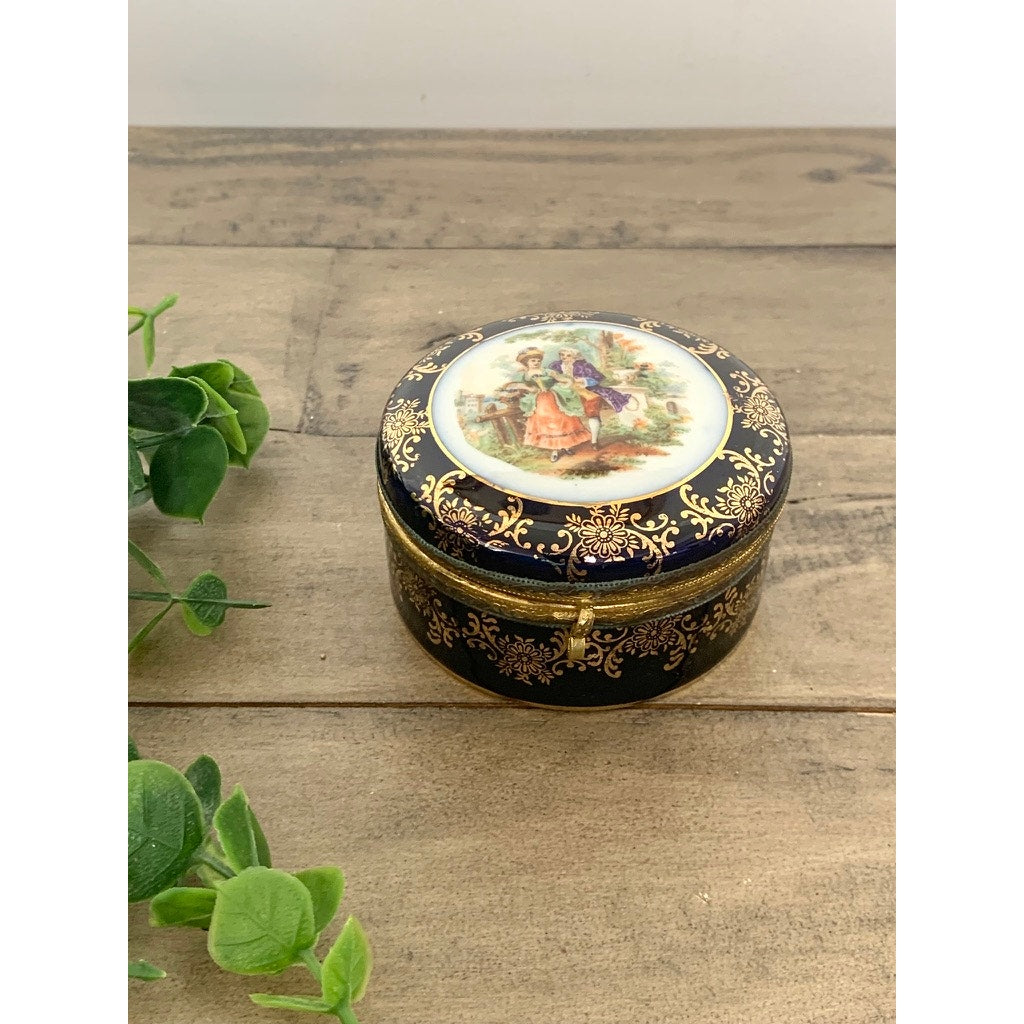 Vintage Hand Painted Porcelain Trinket Box Hinged Lid Made in Germany Courting Couple