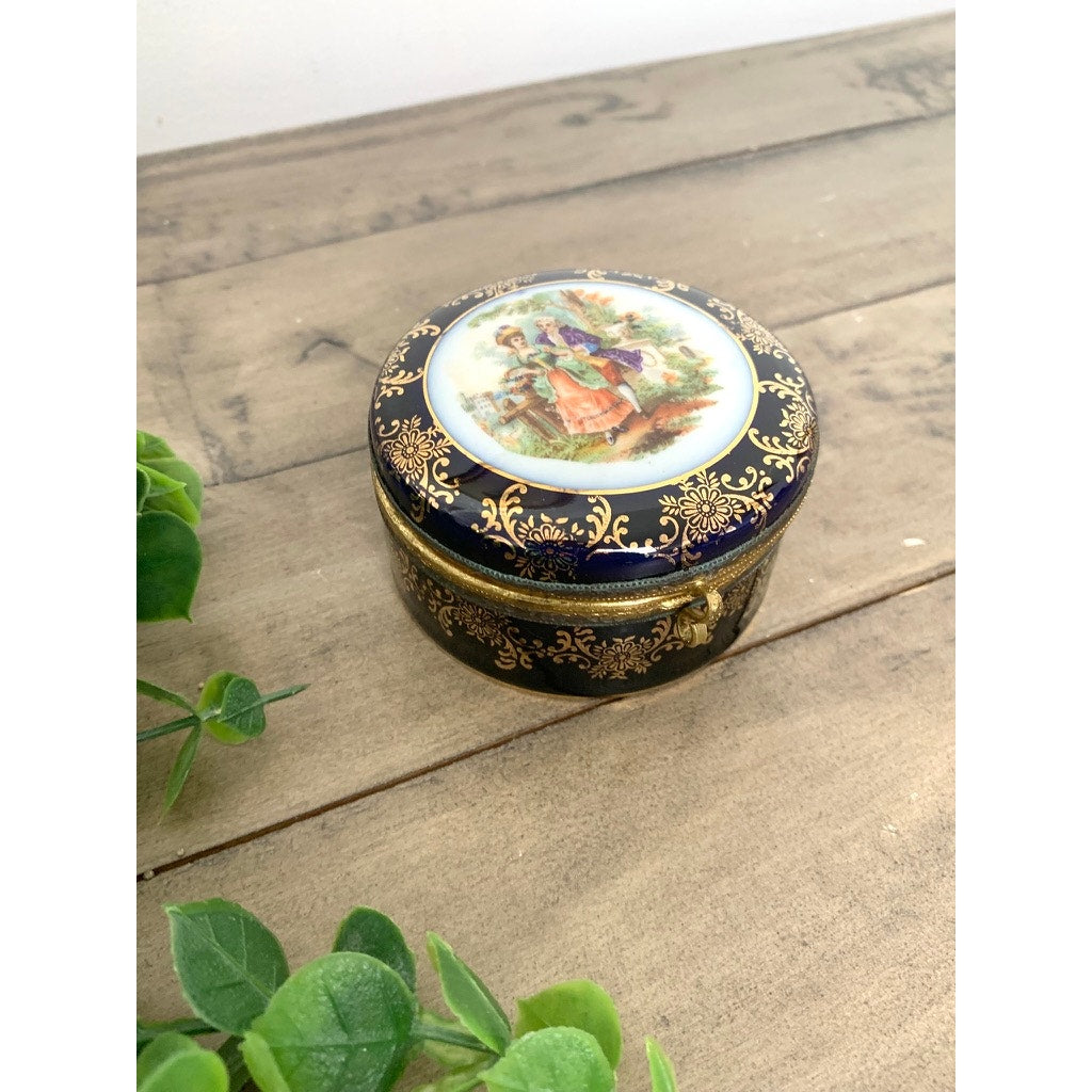 Vintage Hand Painted Porcelain Trinket Box Hinged Lid Made in Germany Courting Couple