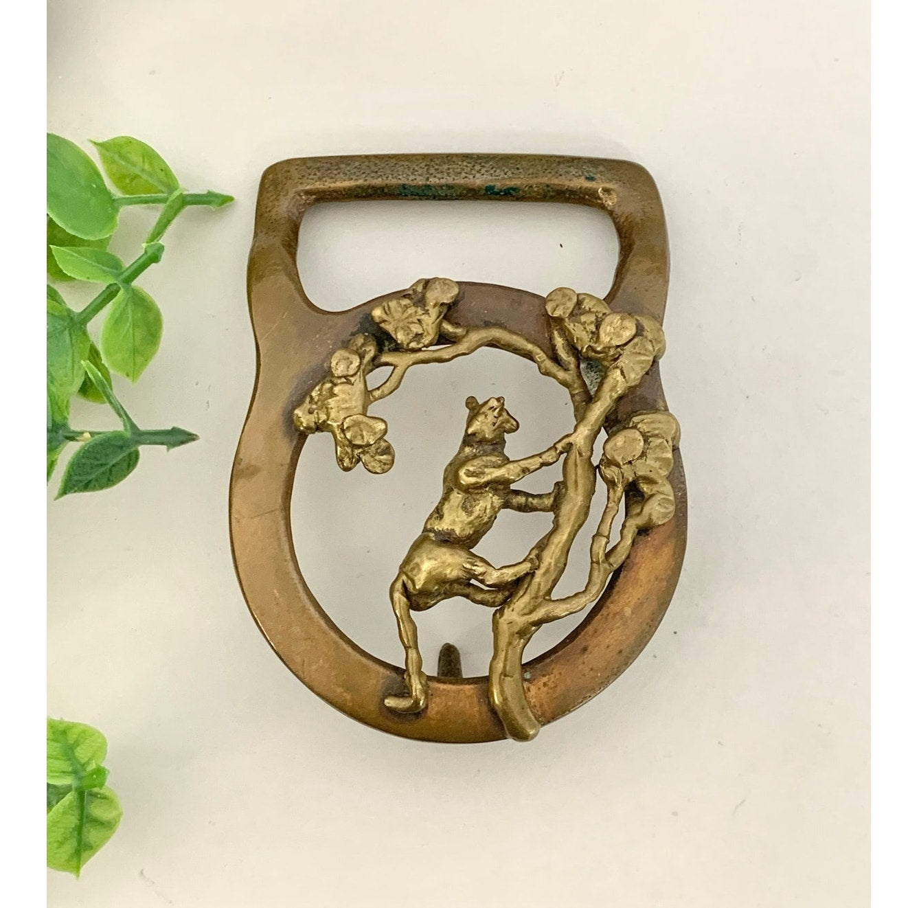 Vintage Masterworks Brass Belt Buckle Tiger Tree Western Animal