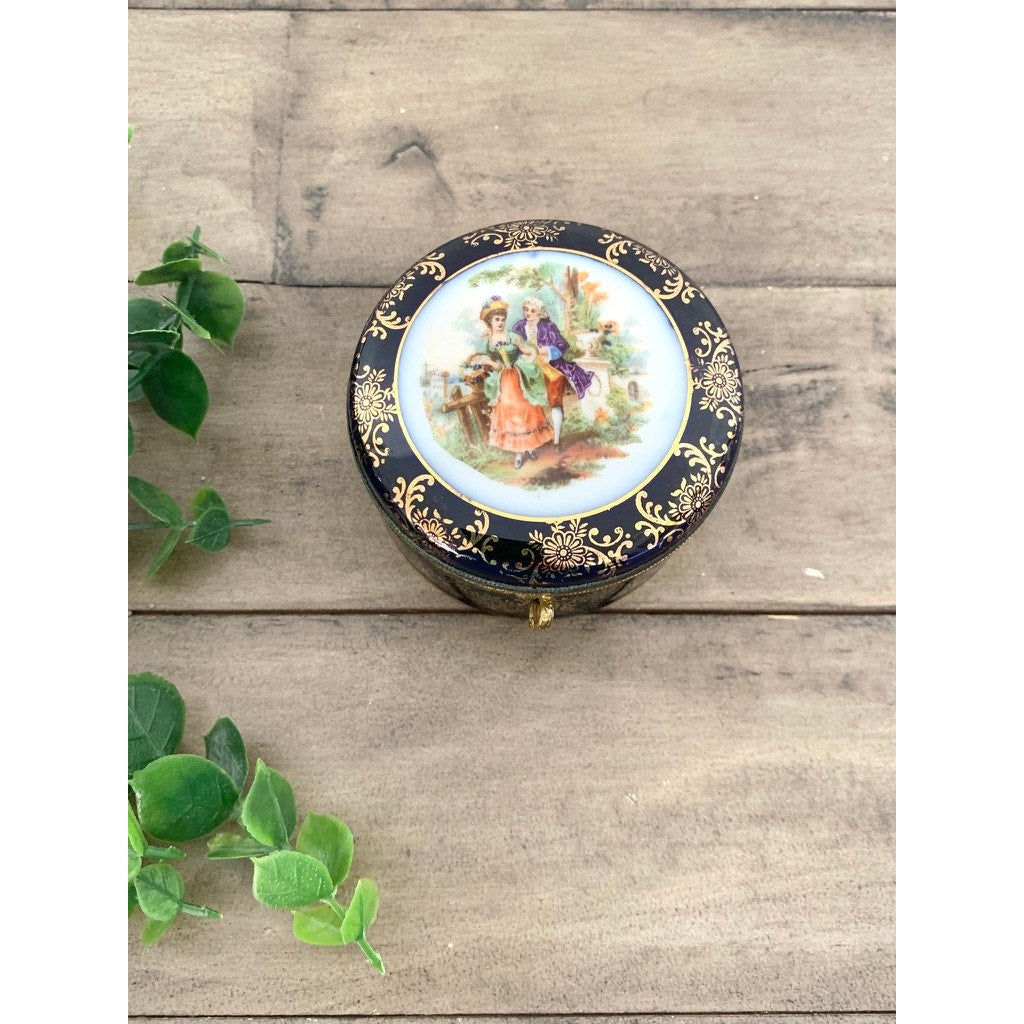 Vintage Hand Painted Porcelain Trinket Box Hinged Lid Made in Germany Courting Couple