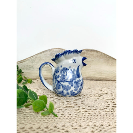 Vintage Blue White Ceramic Chicken Creamer Vase Mini Pitcher Duck Cottagecore