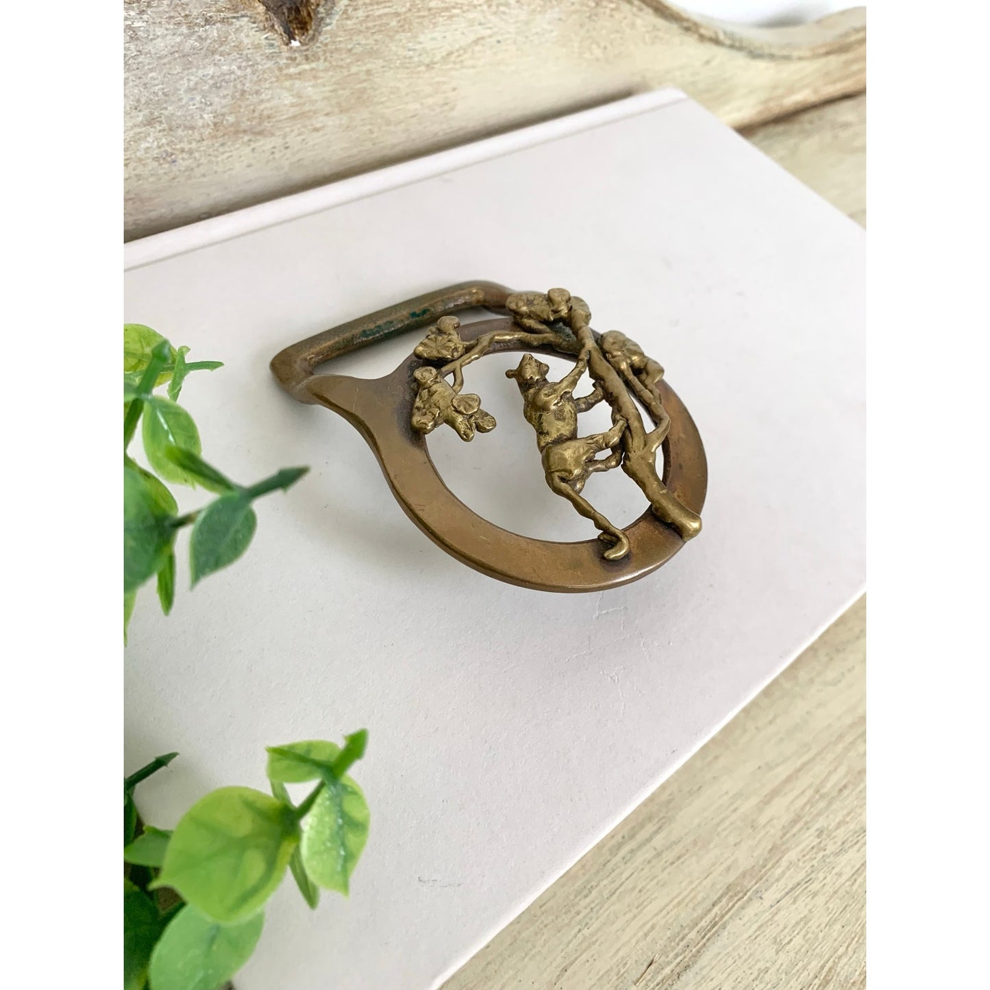 Vintage Masterworks Brass Belt Buckle Tiger Tree Western Animal