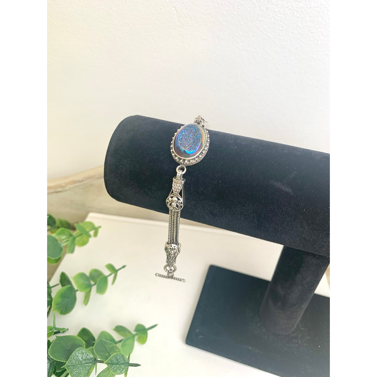 Vintage Sterling Silver Druzy Quartz Bracelet Blue Iridescent 925 Jewelry