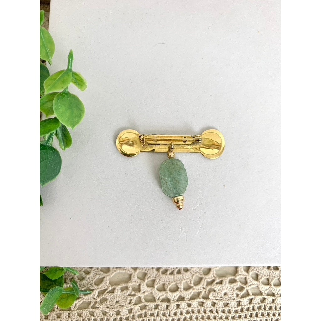 Vintage Gold Tone Bar Brooch with Green Stone Dangle Jade Style Drop Pin