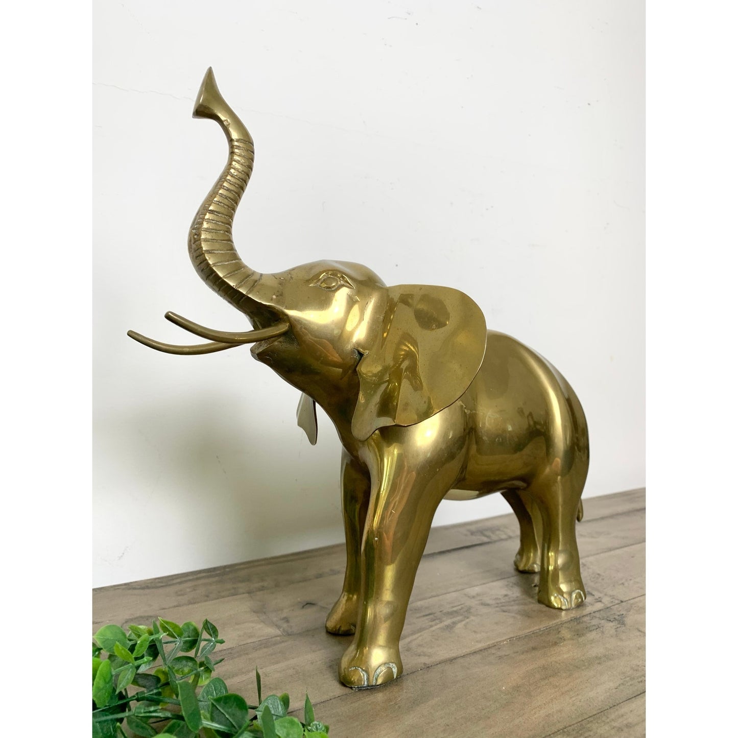 Vintage Solid Brass Elephant Statue with Raised Trunk Mid Century Animal Figure