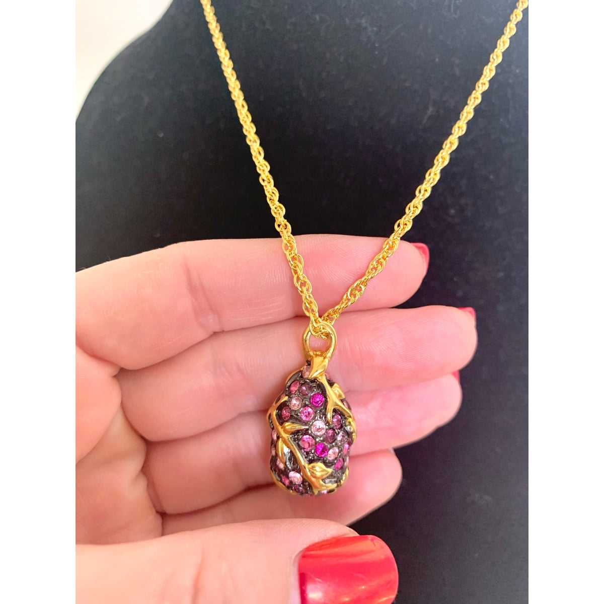 Vintage Joan Rivers Pink Purple Pendant Necklace Pave Rhinestone Gold Tone Romantic Glam