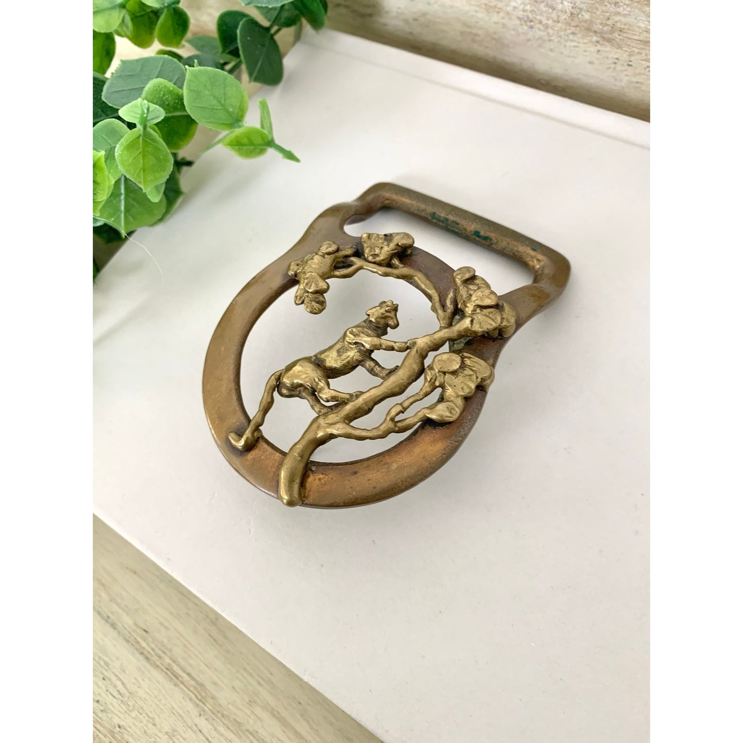 Vintage Masterworks Brass Belt Buckle Tiger Tree Western Animal