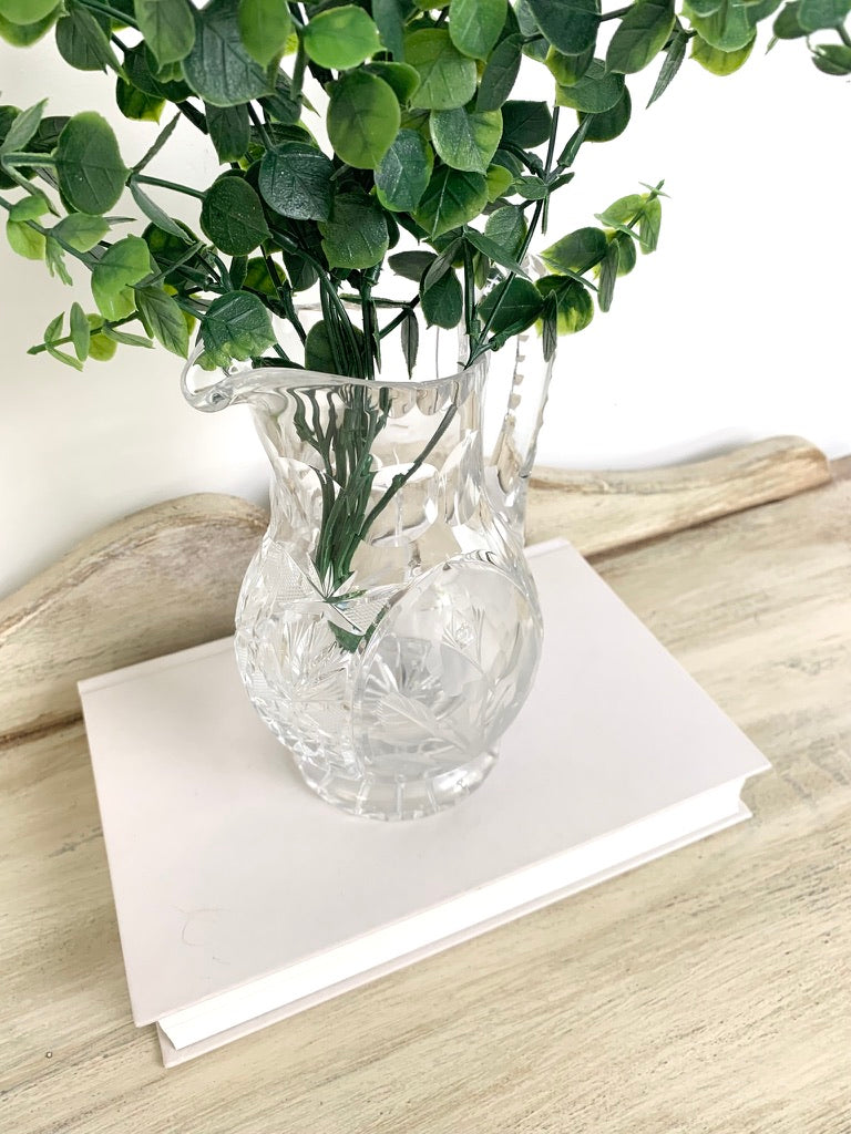 Vintage Cut Crystal Pitcher Vase - Etched Flower