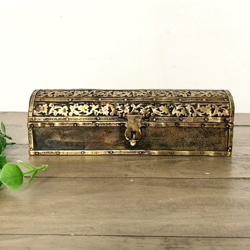 Vintage Brass Wood Trinket Box Floral Etched Hinged Jewelry Box Vanity Old World