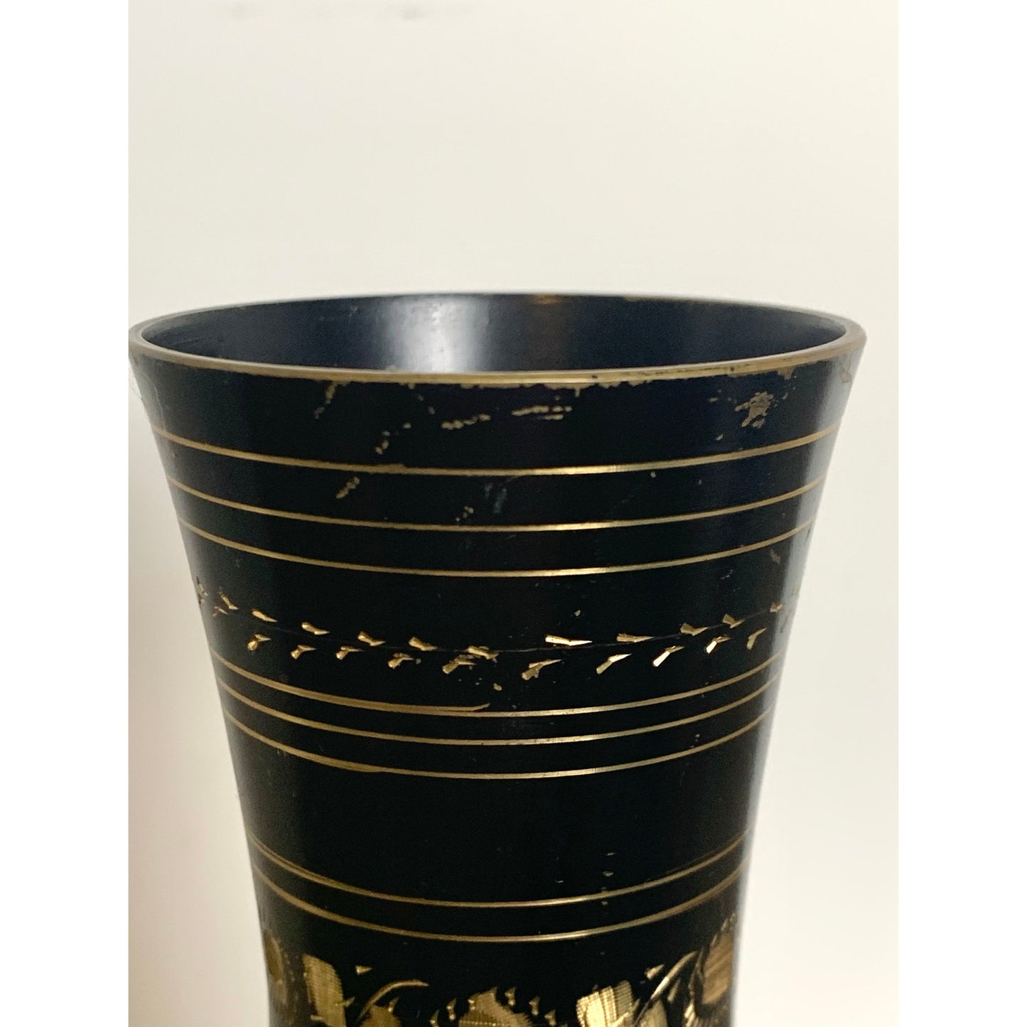Vintage Black and Gold Etched Brass Metal Floral Pedestal Vase Boho Glam Moody