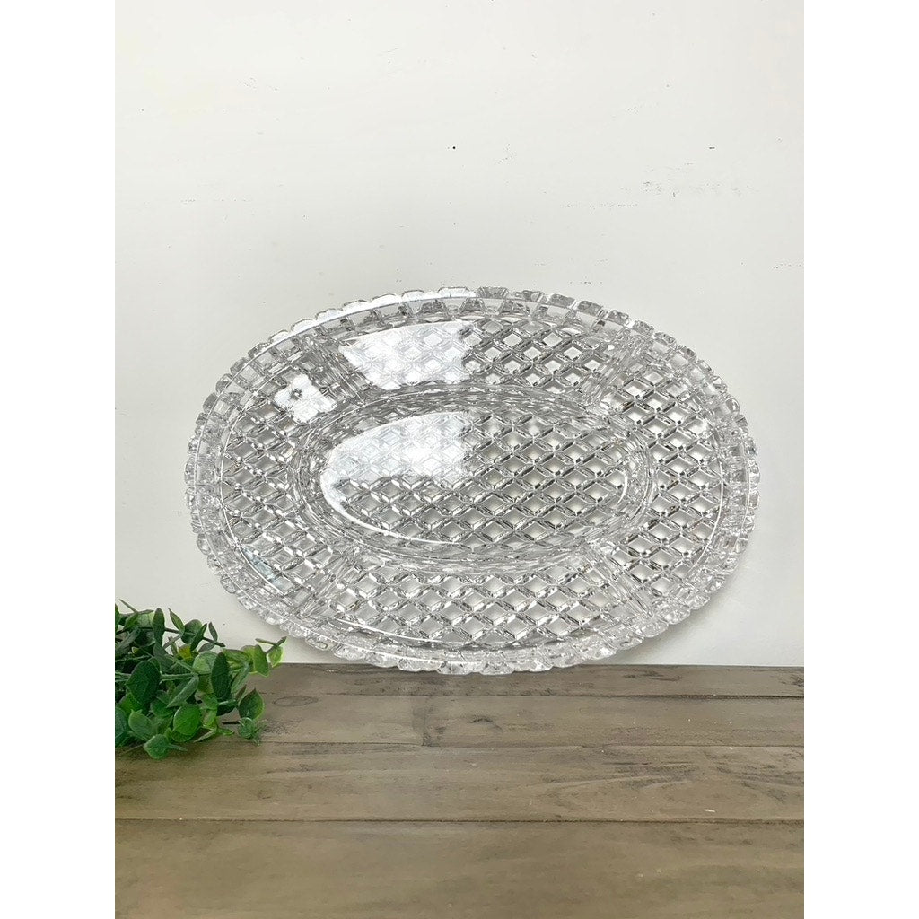 Vintage Clear Glass Divided Serving Platter Large 16.25” Oval Sectional Tray Thick Appetizers Relishes Charcuterie