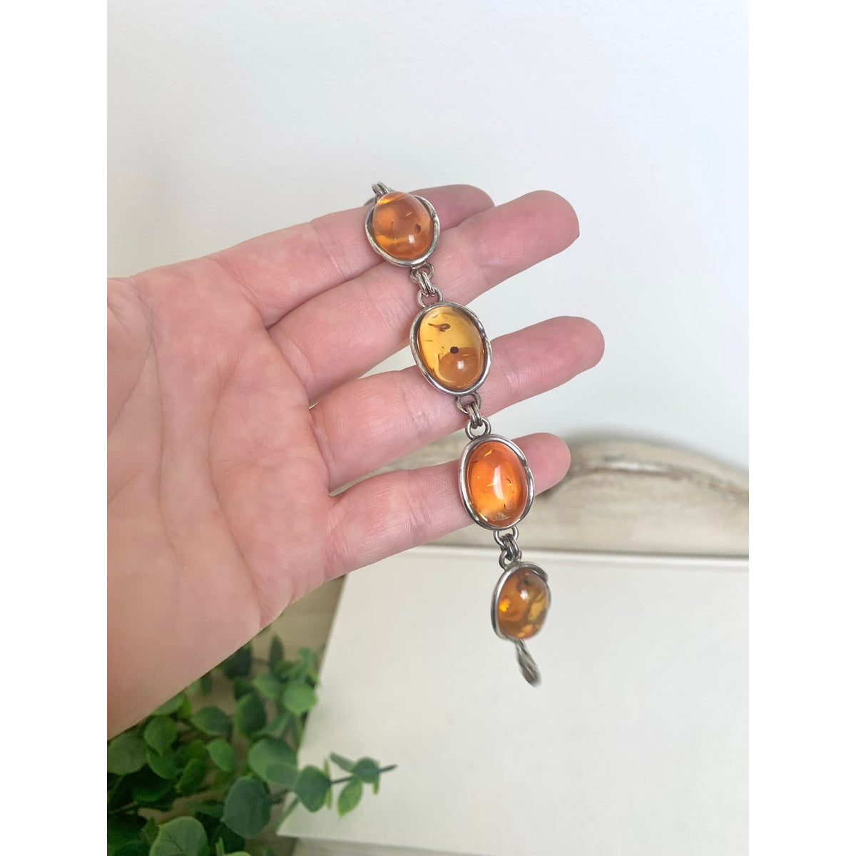 Vintage 925 Sterling Silver Amber Bracelet Six Stone Oval Link Jewelry Boho Southwestern
