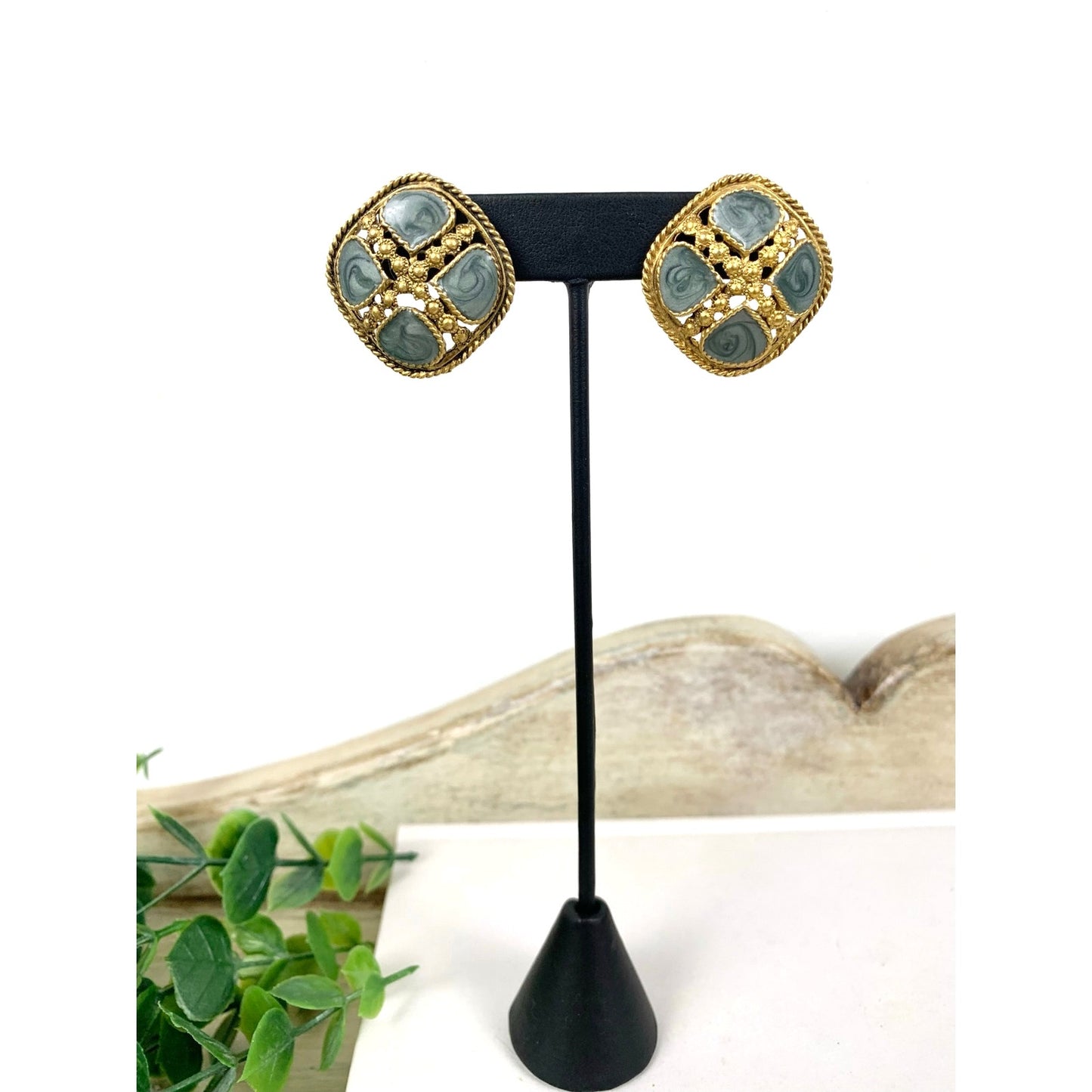 Vintage Goldtone Teal Swirl Enamel Statement Earrings Chunky Retro Post Back 1980s