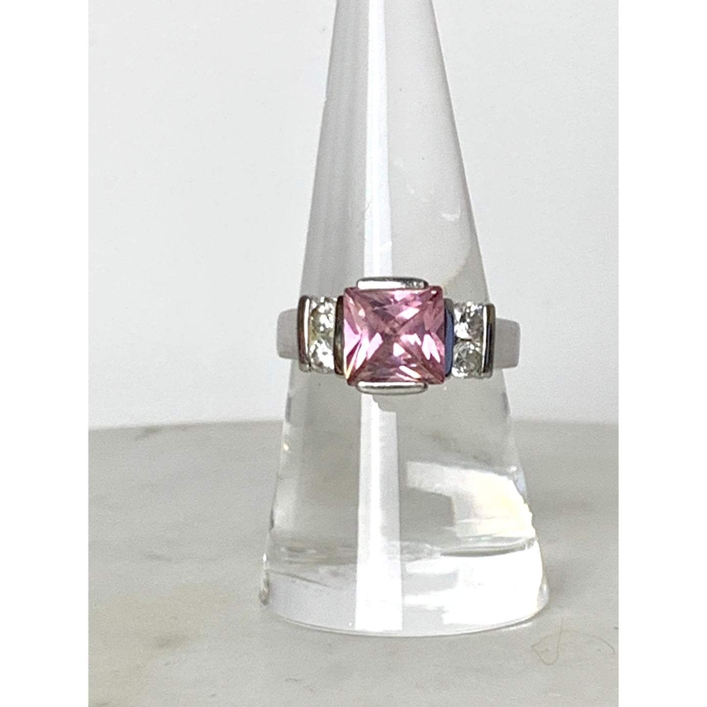 Vintage Sterling Silver Pink Princess Cut CZ Ring Size 8.25 Cocktail Art Deco