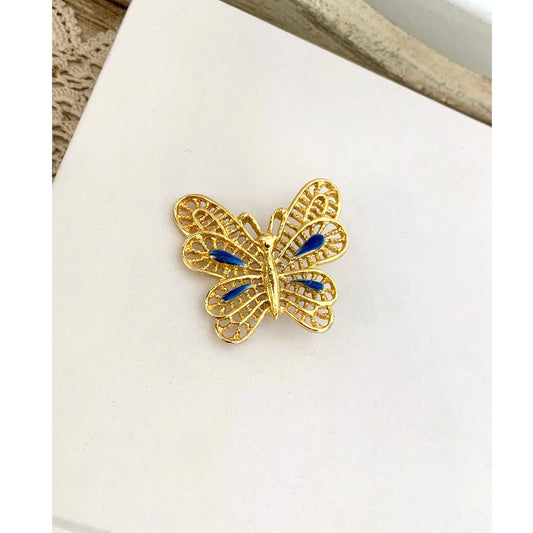 Vintage AAI Signed Blue Enamel Goldtone Butterfly Brooch Pin Romantic Cottagecore