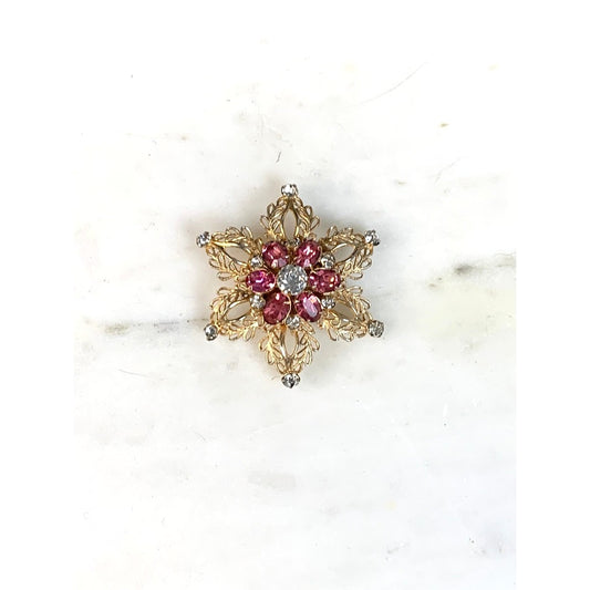 Vintage Scitarelli Pink Rhinestone Starburst Brooch Pendant Gold Tone Filigree Mid Century