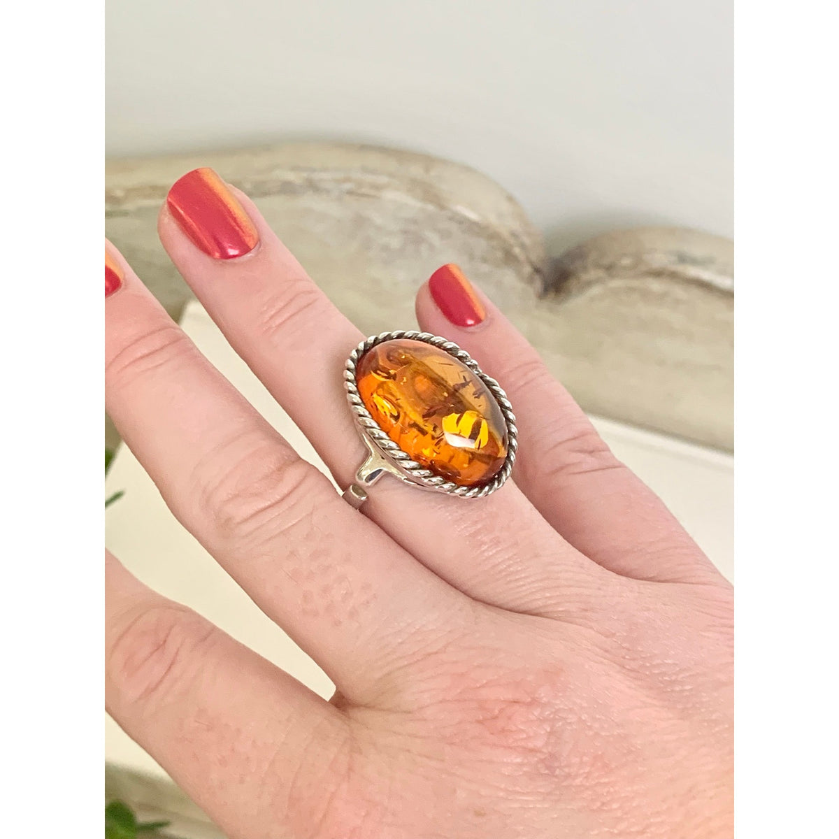 Vintage Sterling Silver Amber Ring Adjustable Oval Statement Jewelry Boho Southwestern
