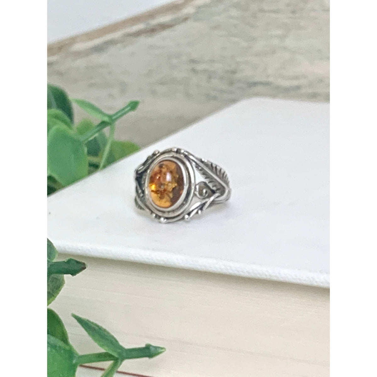 Vintage Sterling Silver Amber Ring Botanical Leaf Filigree Jewelry Boho Southwestern