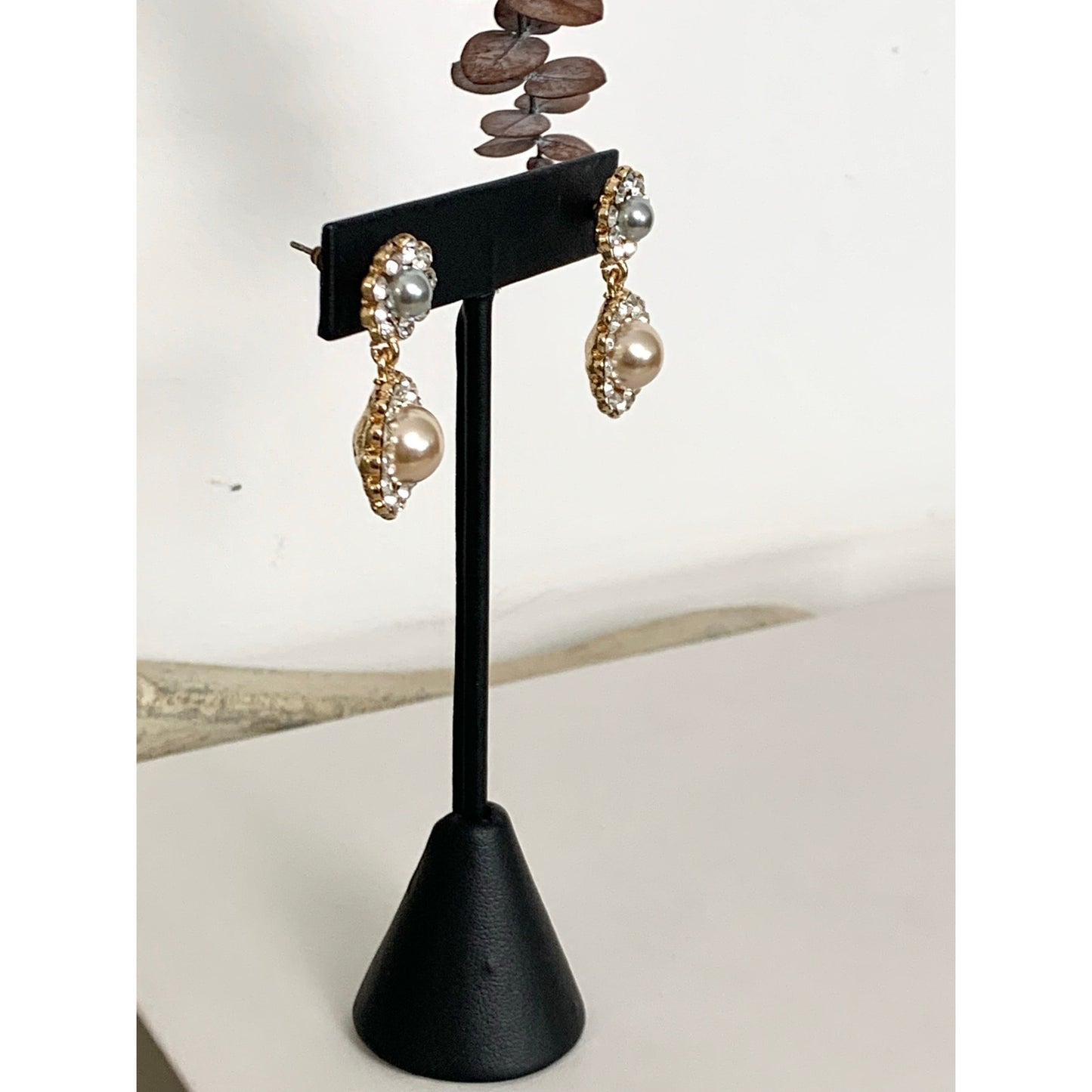 Statement Faux Pearl & Rhinestone Halo Post Back Drop Earrings Romantic Feminine