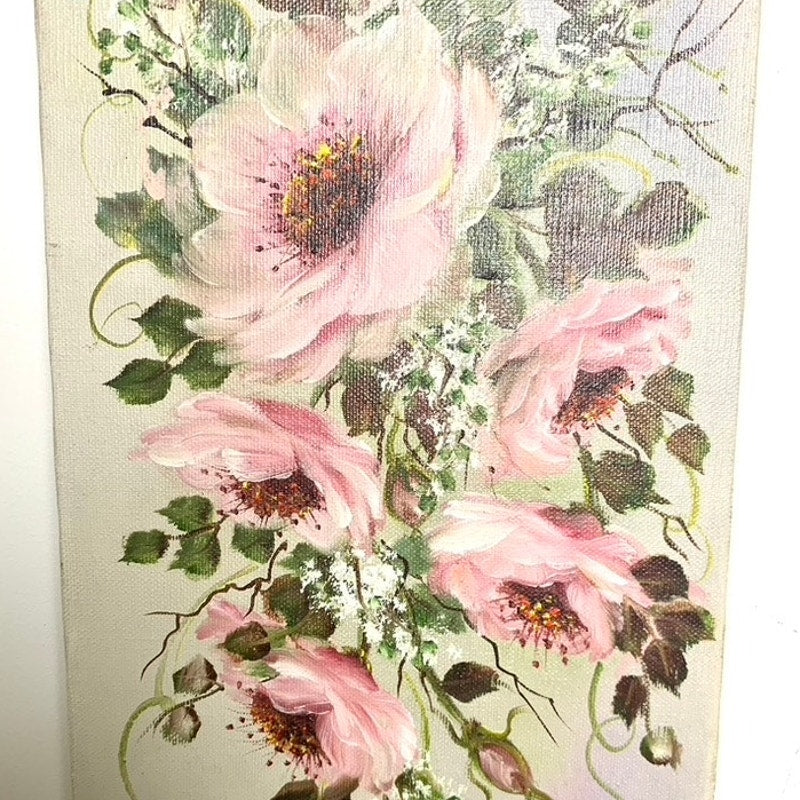 Vintage Floral Oil Painting on Canvas Signed by P. John, 16x8, Pink Floral