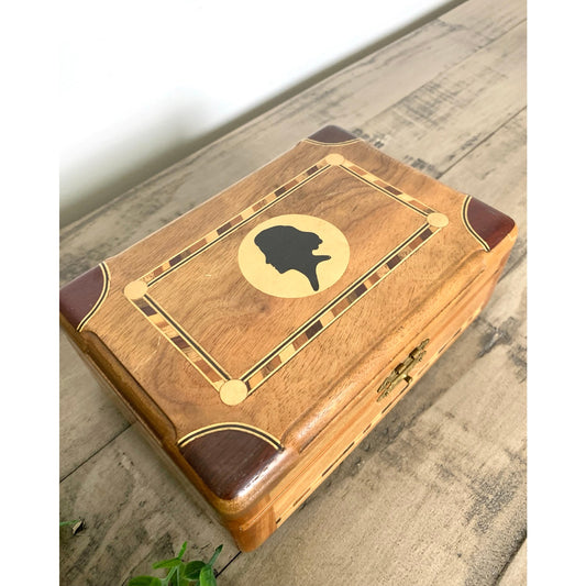 Vintage Cameo Silhouette Inlay Wood Keepsake Box Boho Cottagecore Old Money