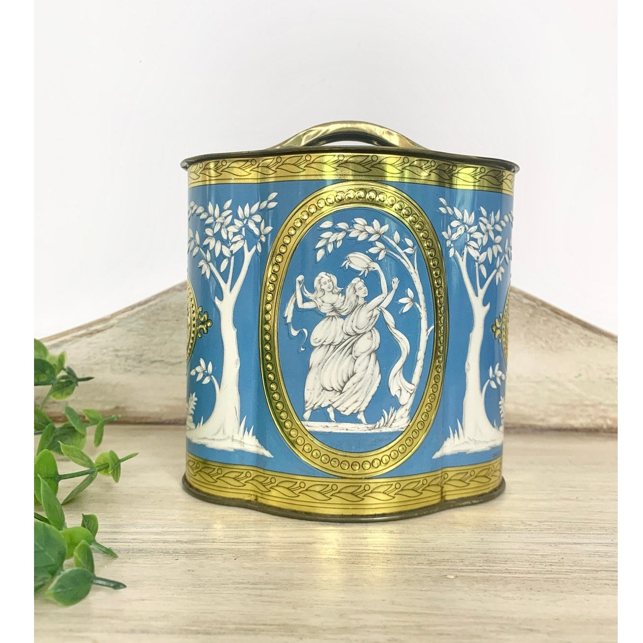 Vintage Tin Canister Murray Allen Grecian Figural Blue Gold Made in England Victorian Style
