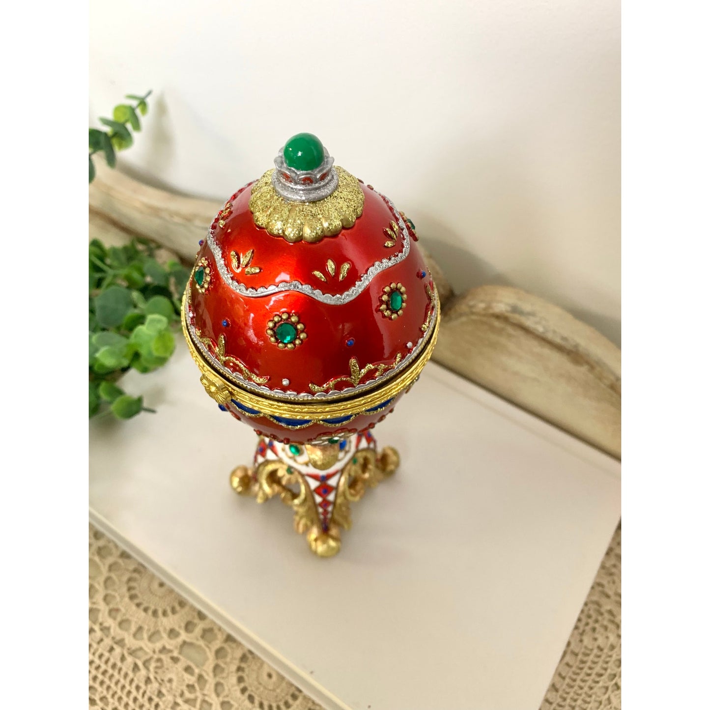 Vintage Faberge Style Red Enamel Egg Trinket Box Jeweled Pedestal Jewelry Box