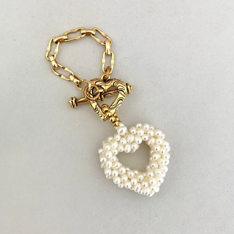 Beaded Pearl Heart Charm Gold Tone Toggle Extender Purse Keychain Romantic Jewelry